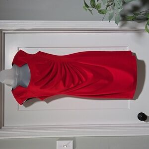 Calvin Klein Red Ruched Side Horseshoe Neck Midi Dress
